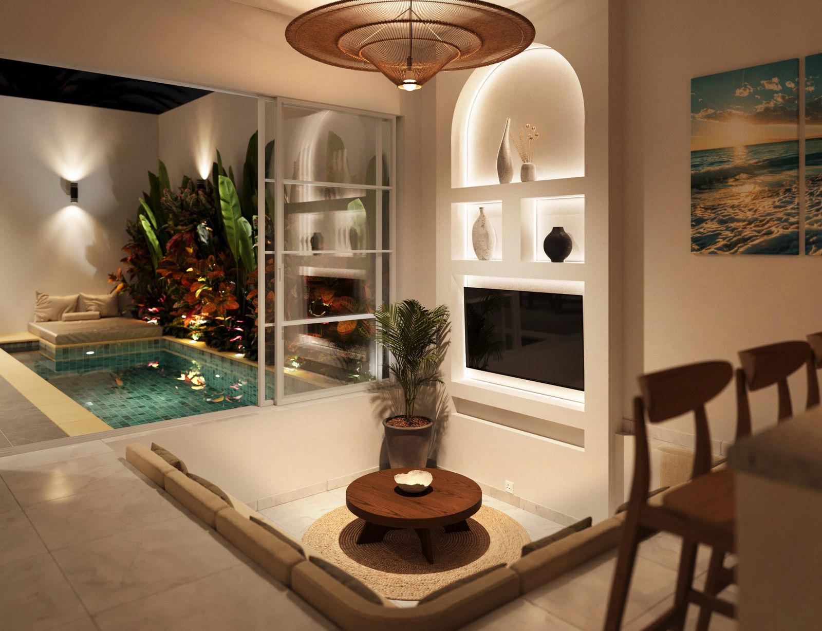Villa interior in the evening